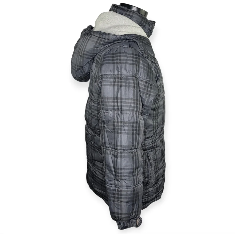 Calvin Klein Boys Gray Plaid Puffer Jacket Hooded Fleece Lined L 14-16